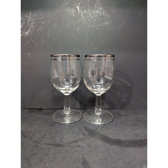 Silver Rimmed Cocktail Glasses Stemware, Set of 2, Midcentury Barware, 4 Oz - Picture 2 of 9